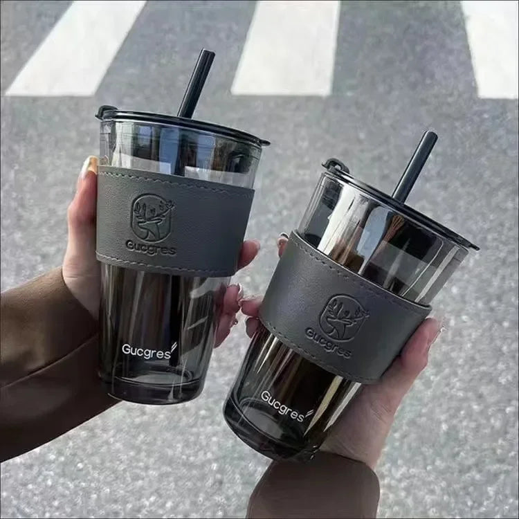 Glass water cup with straw, high aesthetic value coffee cup with leather cover, gray deer dual drink