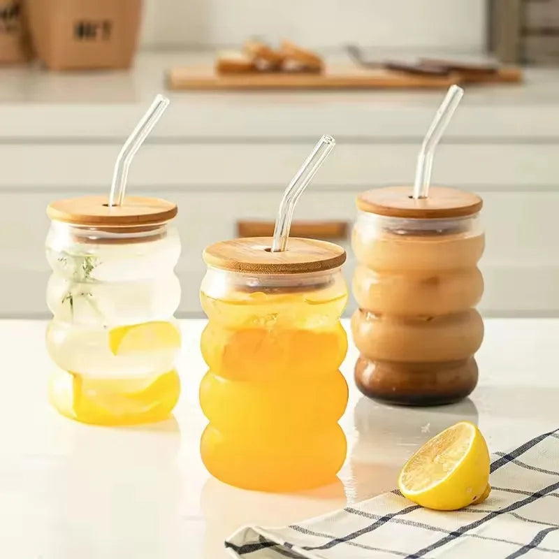 1/2/4PCS Creative Glass Cup with Lid Straw Heat-resistant Wave Cup Beer Juice Ice Coffee Cups Cocktail Fruit Glass Drinkware
