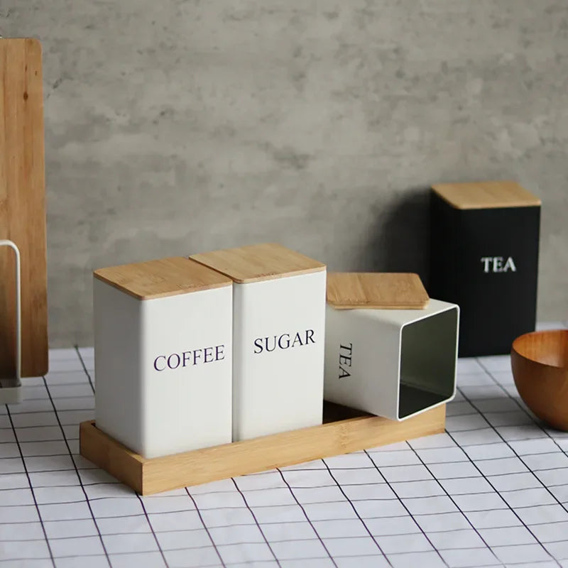 Simple Style Bamboo Cover Iron Art Storage Box Tea Can Storage Containers for Kitchen Display Square Jar Coffee Accessories Food