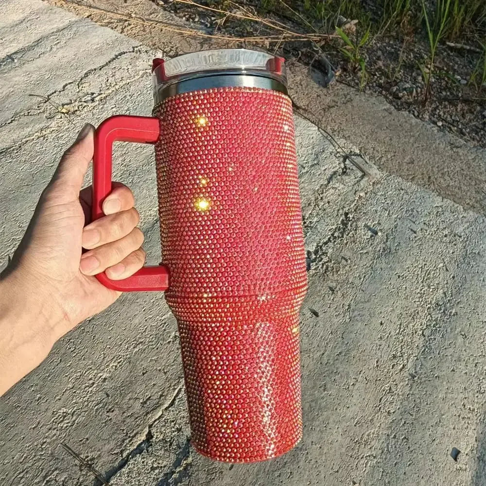 40oz Rhinestone Studded Diamond Bling Stainless Steel Tumbler with Handle Travel Vacuum Coffee Mug with Straws for Car Thermos