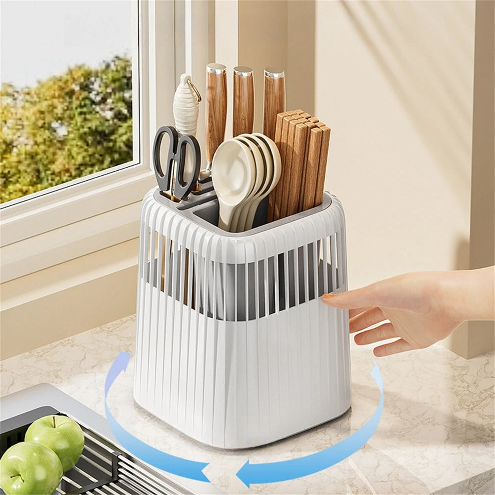 Kitchen Multifunction Rotating Knife Rack Home Drainage Cutlery Knife Holder Chopstick Cylinder Durable Spoon Fork Storage Shelf