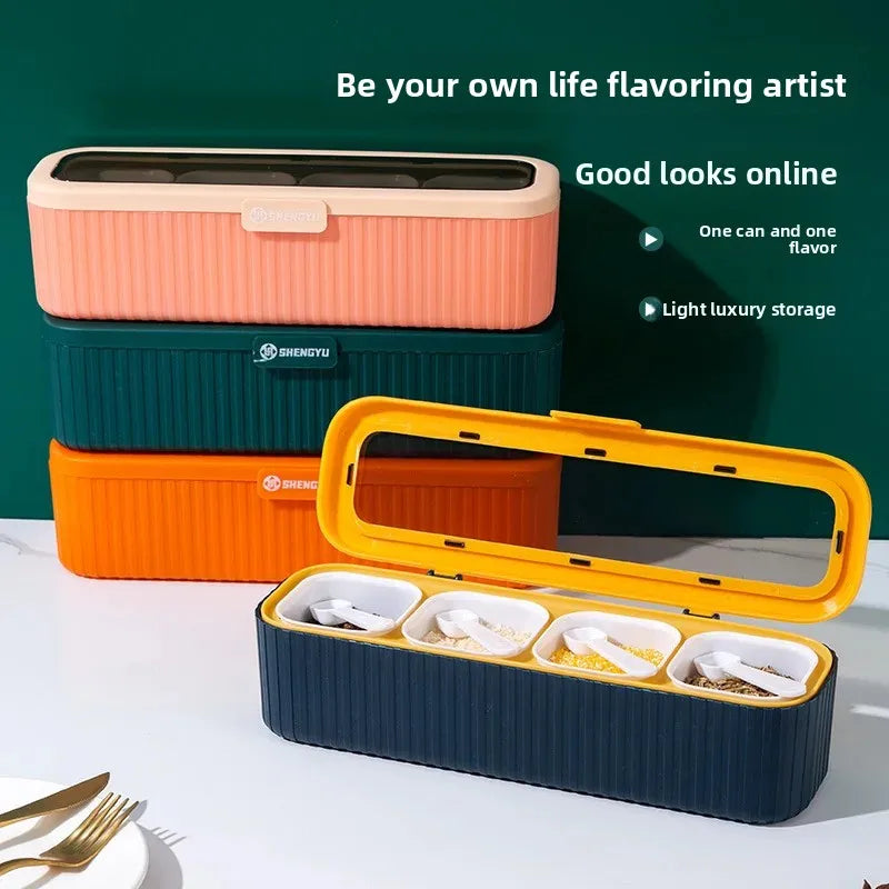 New Kitchen Four Grids Integrated Sealed Spices Box Set Home Use Tabletop Seasoning Jar Divided Storage Seasoning Container