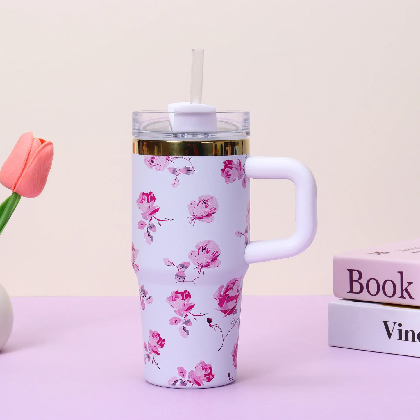 14oz Car Cup 304 Stainless Steel Insulated Travel Tumbler with Handle Straw Lid & Cold Retention for Vehicle, Office, Gifts