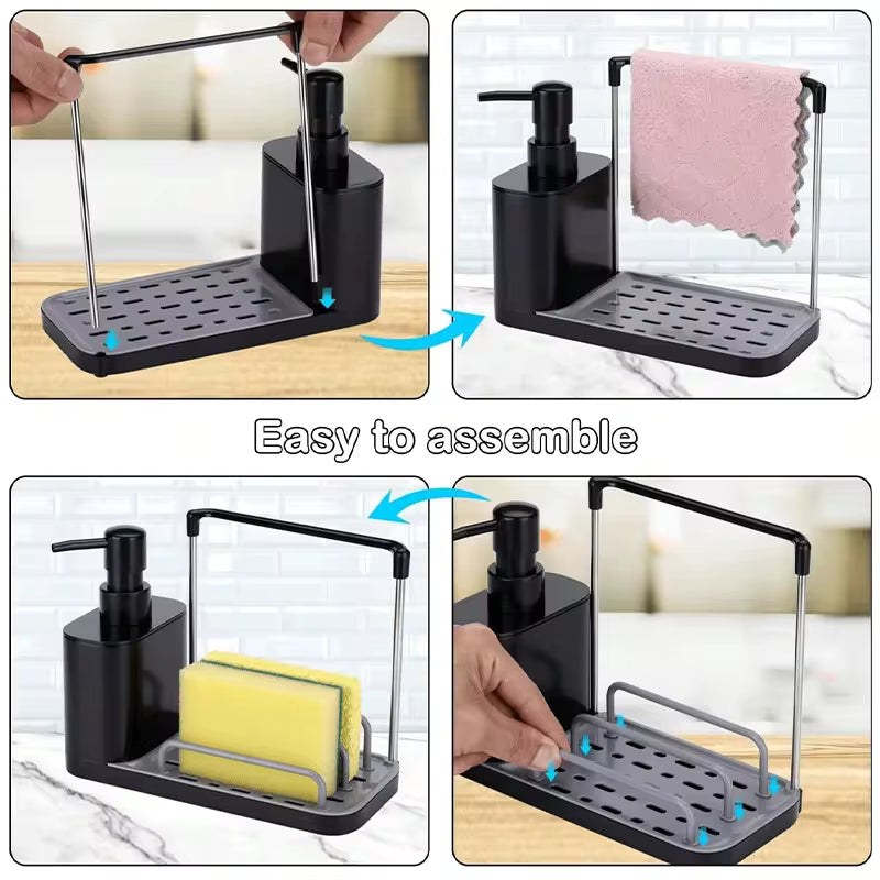 Multi-Functional Kitchen Soap Dispenser Hand Dish Soap Dispenser with Dual Soap Dispensers Sponge and Dishcloth Holders Tray