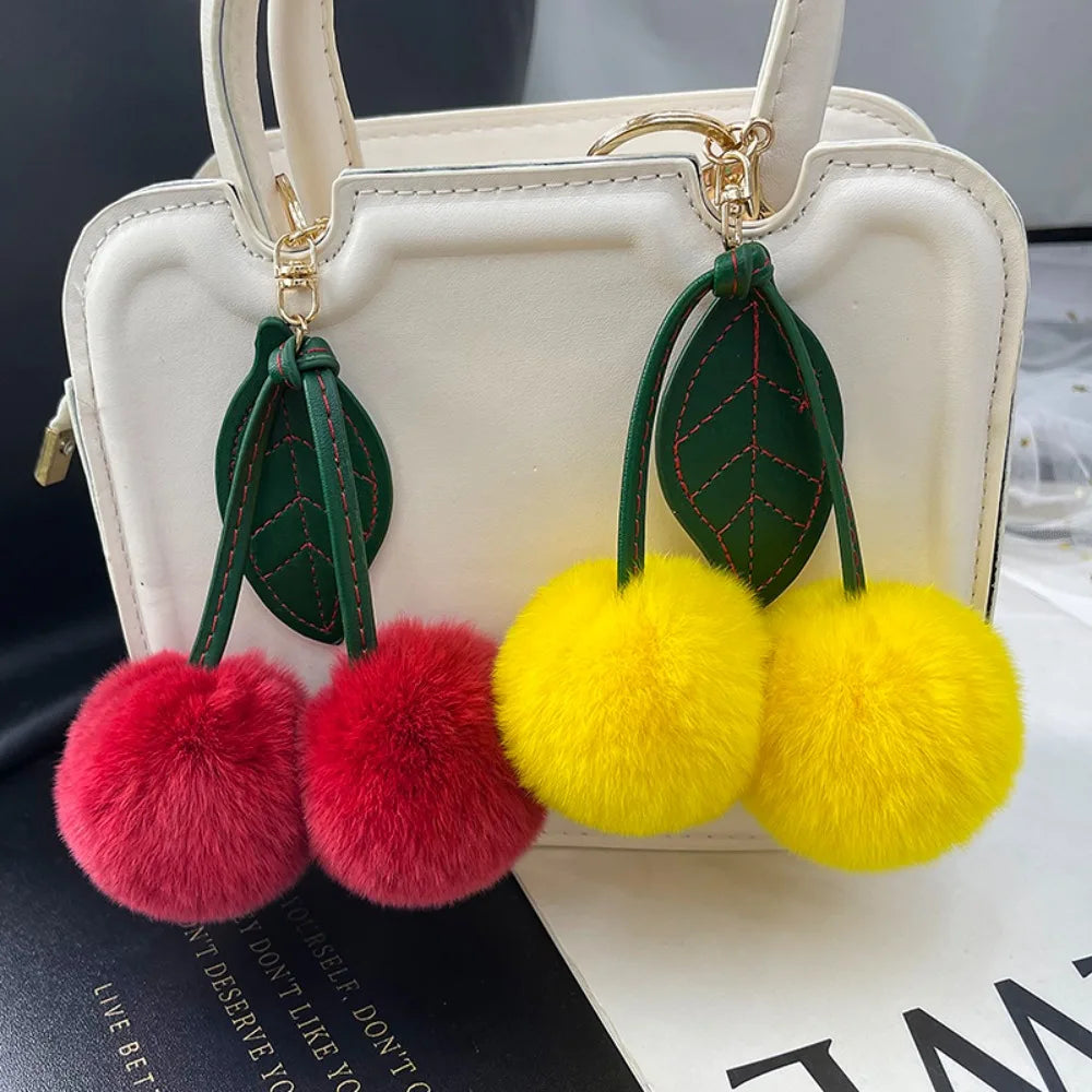 Cherry Plush Toy Keychain Otter Rabbit Hair Kawaii Cartoon Keychain Colorful Fluffy Women's Bag Pendant Backpack Car Key Pendant