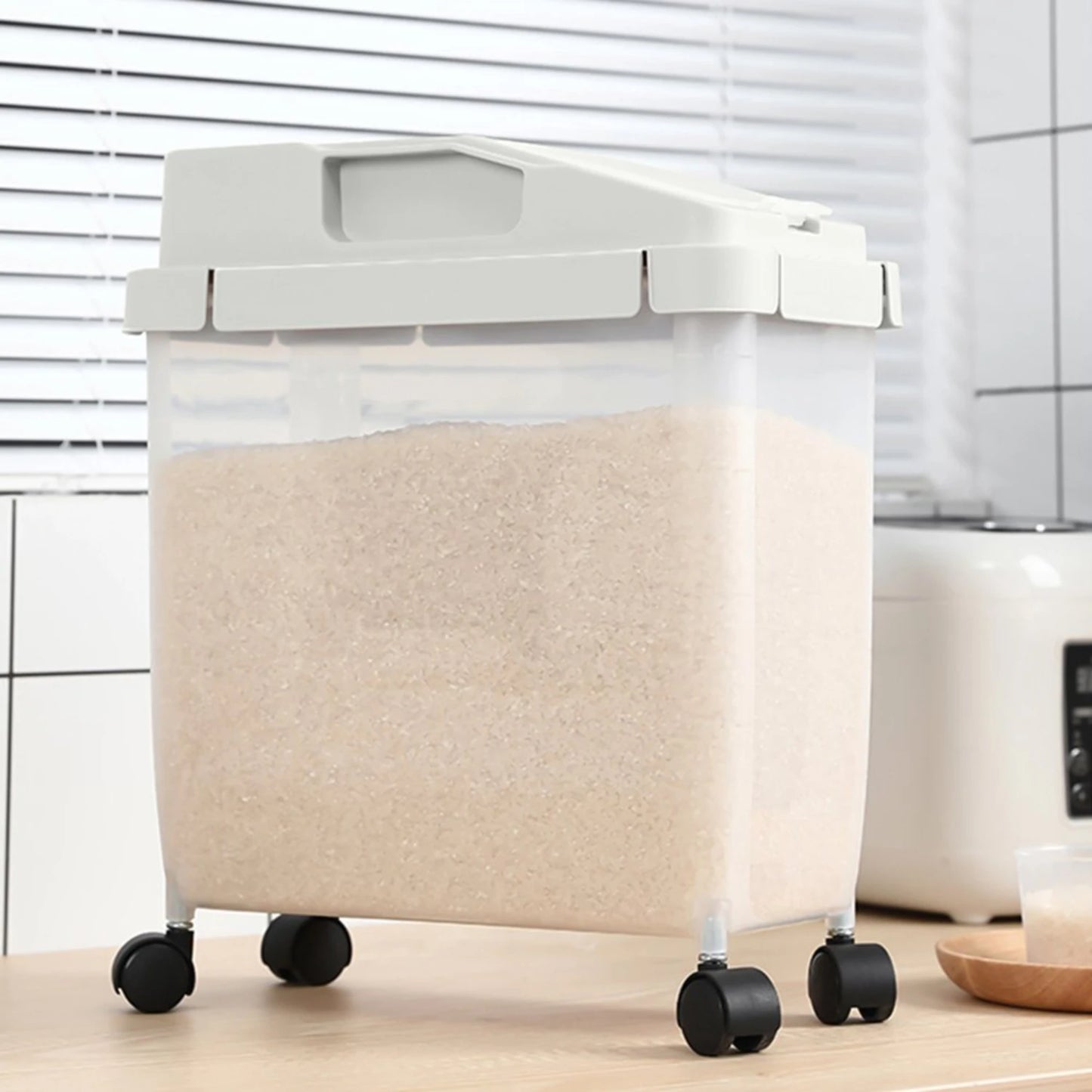 Airtight 20 lbs Rice Storage Container with Wheels, Measuring Cup - Ideal for Rice Flour Cereal Pet Food