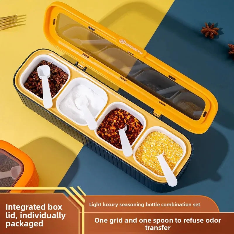 New Kitchen Four Grids Integrated Sealed Spices Box Set Home Use Tabletop Seasoning Jar Divided Storage Seasoning Container