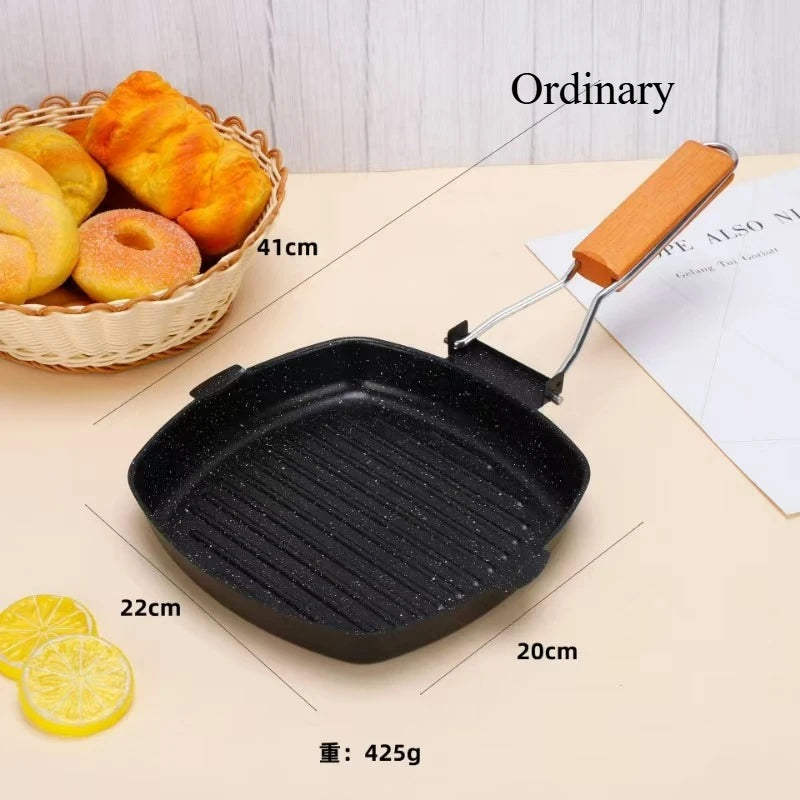 Portable Foldable Frying Pan Picnic Grill Pan Anti-scald Wooden Handle Outdoor Grill Pan Double Mouth Steak Pan(No Lid)