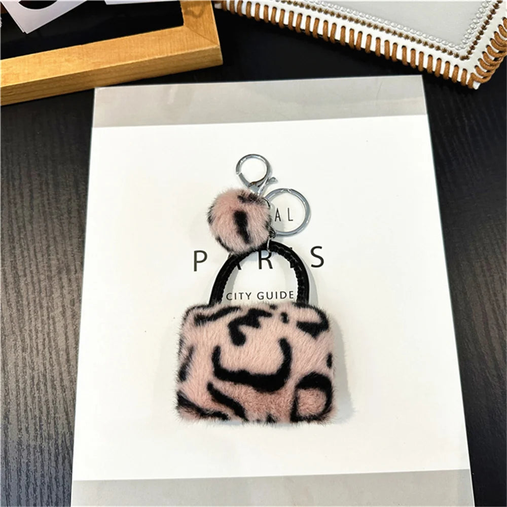 Creative Leopard Bag Pendant Keychain Cute Plush Soft Handbag Charms With Hair Ball Car Trinket Keyring Moto Accessories Gift