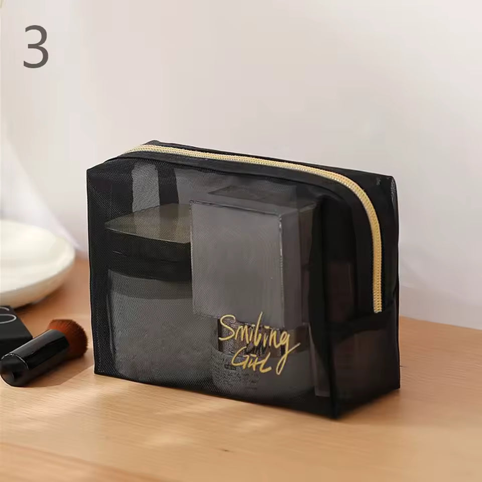 Portable Large Capacity Mesh Cosmetic Bag Transparent Black Nylon Mesh Makeup Pouch Travel Storage Case Toiletry Organizer