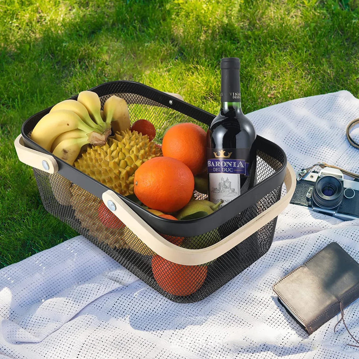 Nordic Metal Rectangular Basket Small Basket Vegetable Fruit Basket Wooden Handle Kitchen Bathroom Storage Accessorie