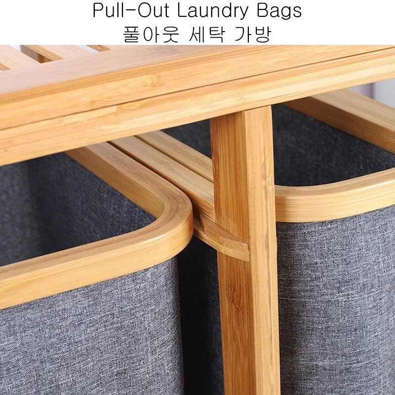 Bamboo Laundry Basket with 3 Collapsible Pull-Out Bags Storage Organizer Laundry Hamper for Bedroom Bathroom Laundry Room