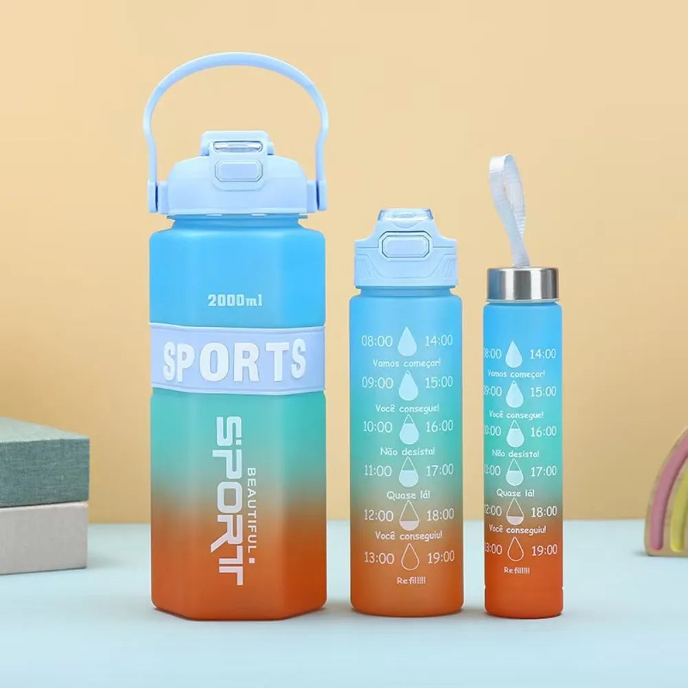 Three Piece Set Sports Water Bottle Set Large Capacity Hexagon Leak Proof Colorful Cup Portable Frosted Fitness Sports Kettle