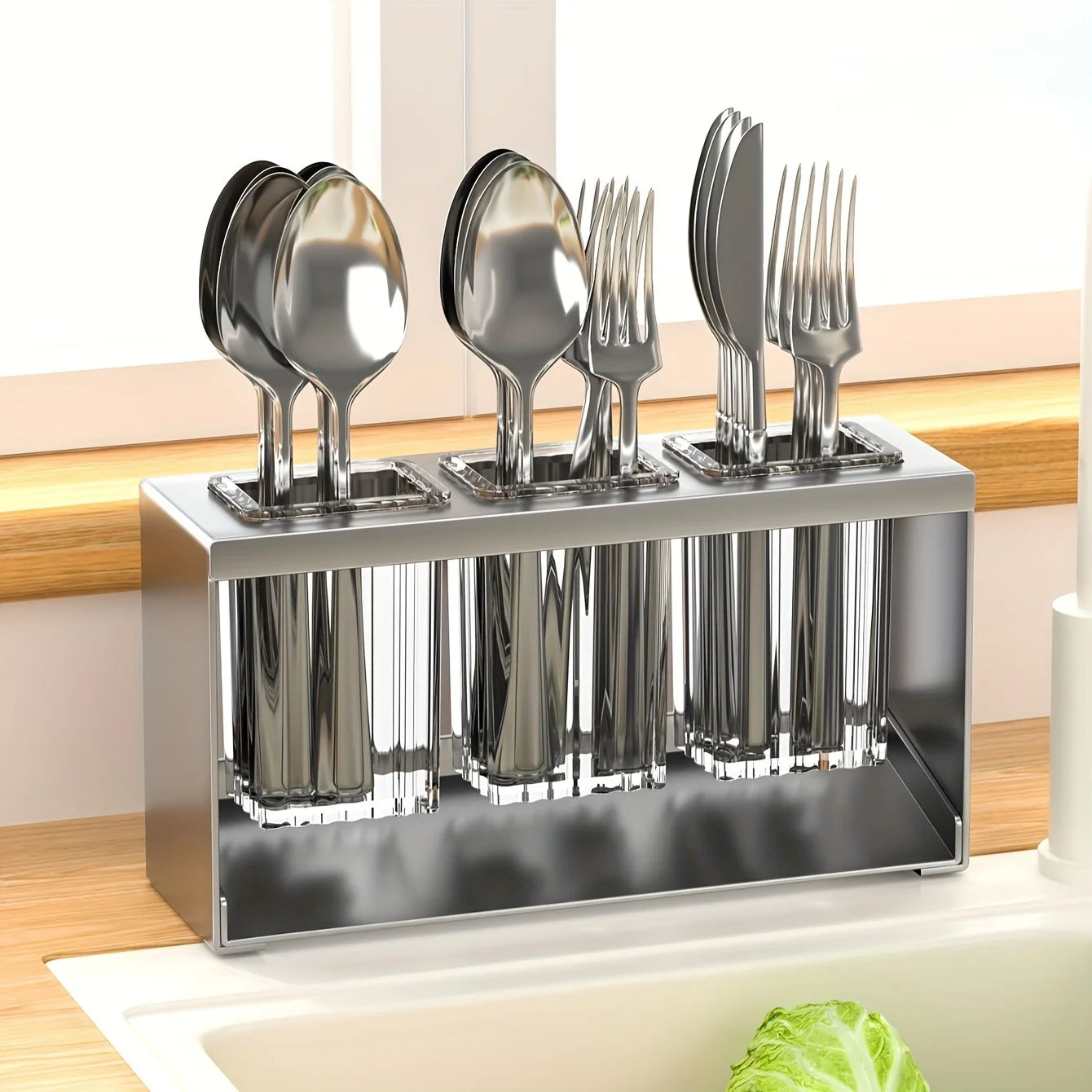 1pc Stainless Steel Multifunctional Kitchen Utensil Holder with Drainage and Transparent - Chopsticks, Knives, Forks & Spoons
