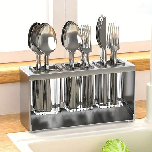 1pc Stainless Steel Multifunctional Kitchen Utensil Holder with Drainage and Transparent - Chopsticks, Knives, Forks & Spoons