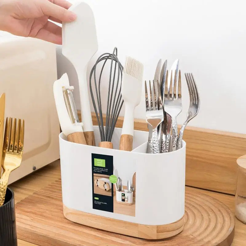 Kitchen Tableware Storage Bucket Utensil Holder Cutlery Drainer Plastic Chopstick Spoon Storage Rack with Wooden Base