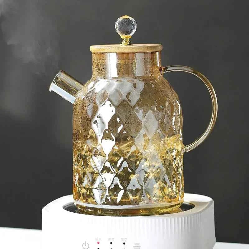 Glass Tea Kettle With Bamboo Lid And Removable Filter Spout Champagne Teapot For Loose Leaf Blooming Tea And Fruit Tea 1/1.8L