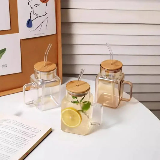High Borosilicate Glass Cup Square with Lid and Straw Ins Wind Drinking Water Cup