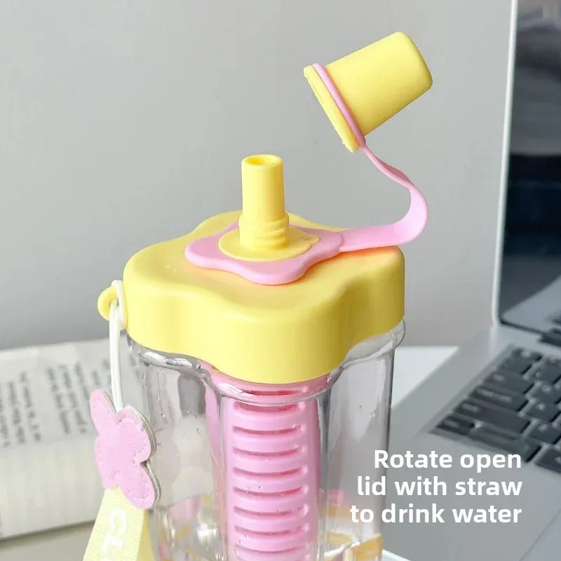 Large Capacity Portable Plastic Straw Cup for Afternoon Tea Flower Tea Women's Style Color Collision Tea Water Separation Cup