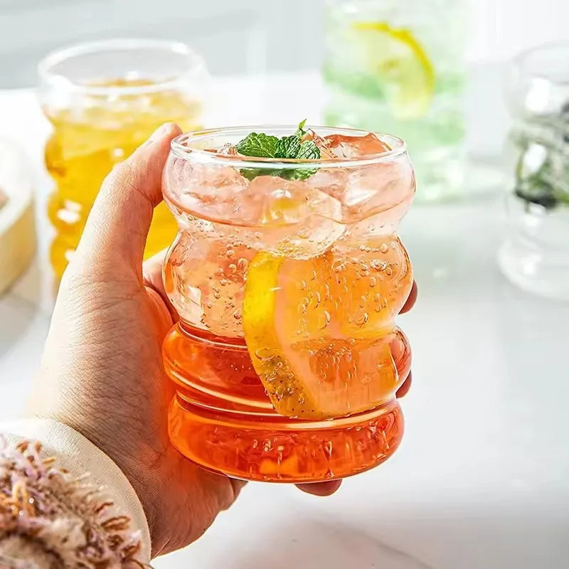 1/2/4PCS Creative Glass Cup with Lid Straw Heat-resistant Wave Cup Beer Juice Ice Coffee Cups Cocktail Fruit Glass Drinkware