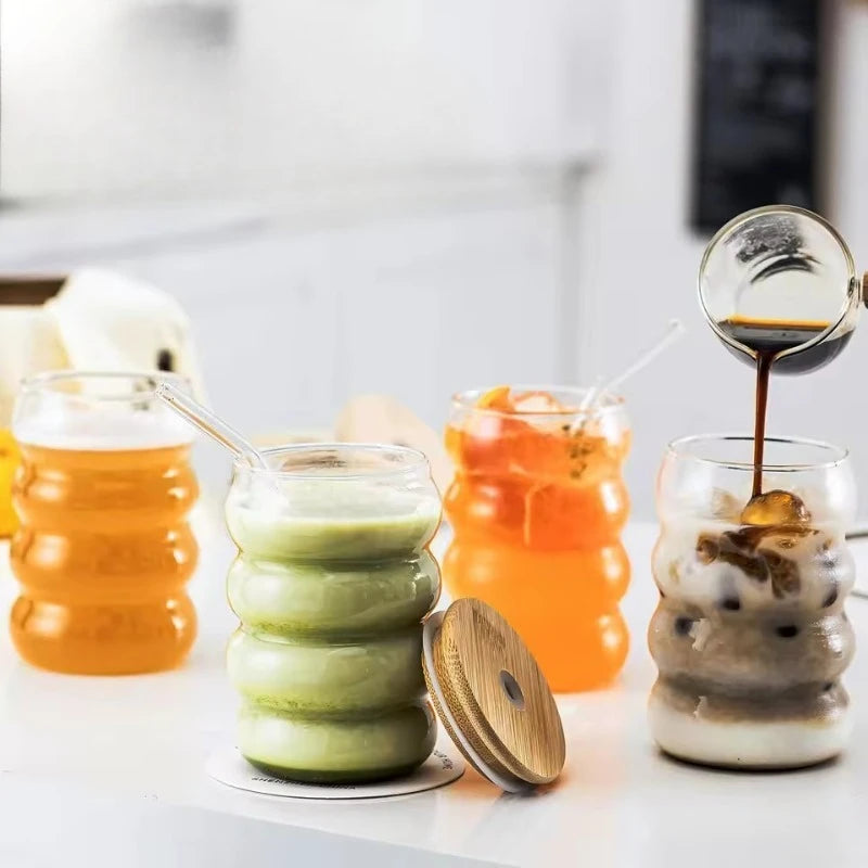 1/2/4PCS Creative Glass Cup with Lid Straw Heat-resistant Wave Cup Beer Juice Ice Coffee Cups Cocktail Fruit Glass Drinkware