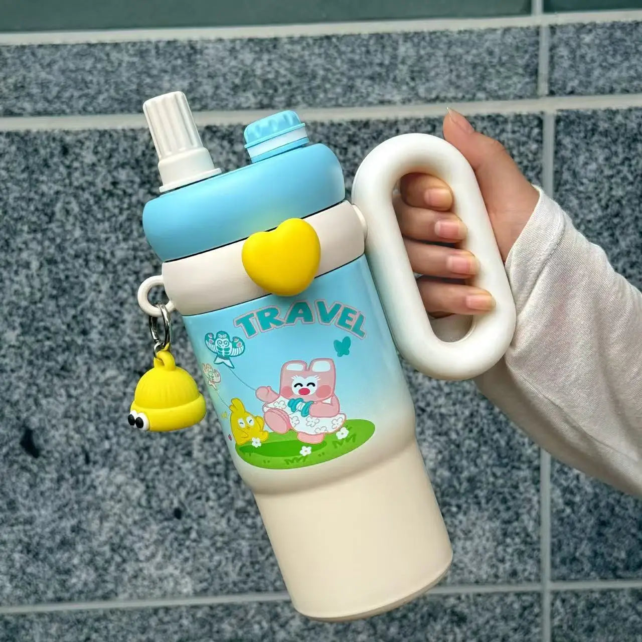 Large Capacity Straw Cup Cartoon Cute Double Drink Insulated Thermos for Students Children Women Portable Travel Water Bottle