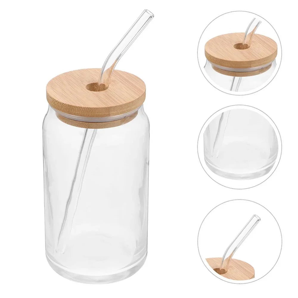 1pc Glass Cups with Bamboo Lids and Straw 350ml/550ml Mason Jars Coffee Mug Beer Can Shaped for Cocktail Whiskey Milk Juice Cola