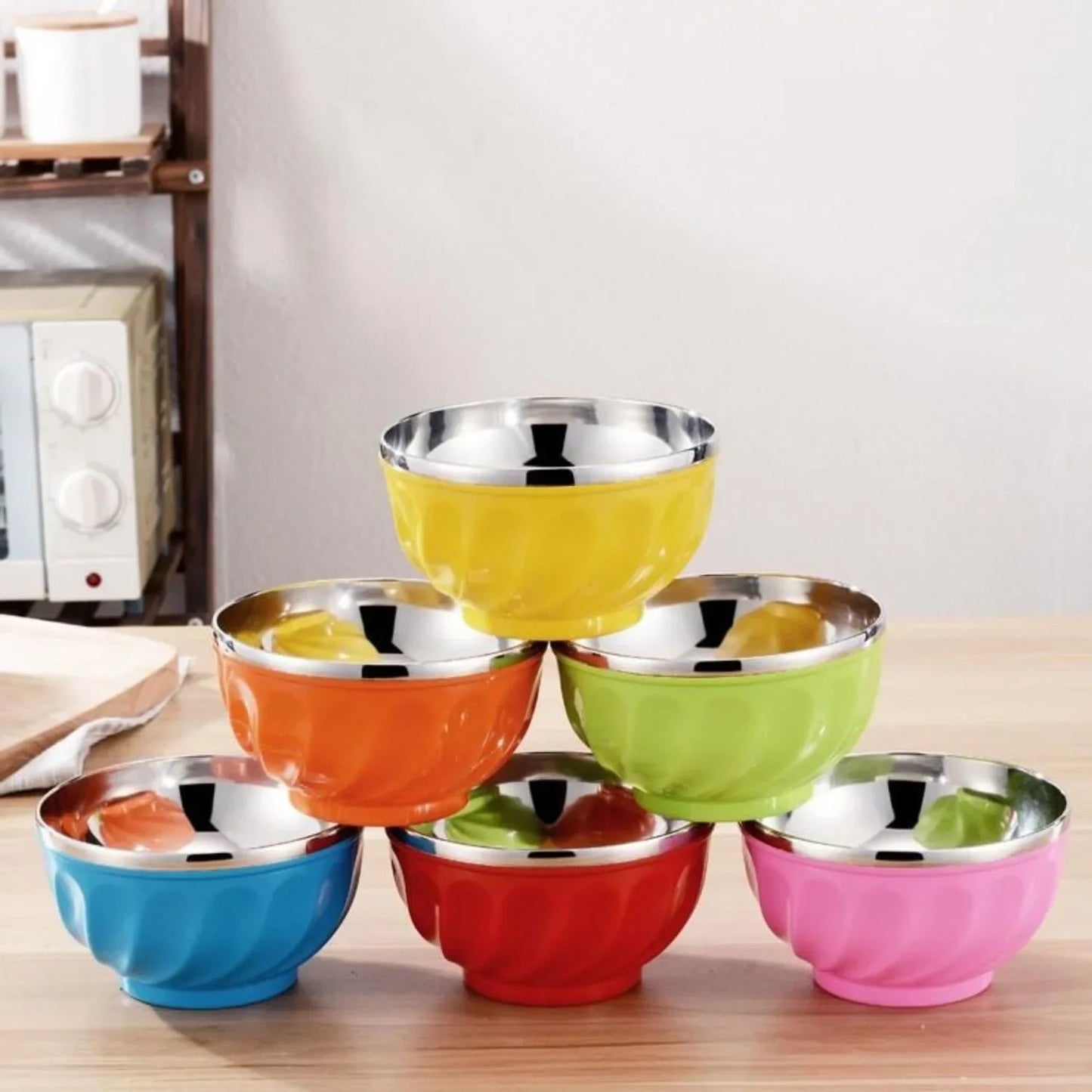 Colorful Anti-Fall Heat-Resistant Stainless Steel Bowls round Shape Instant Noodles Bowls Children's Bowls Double Layer Insulati
