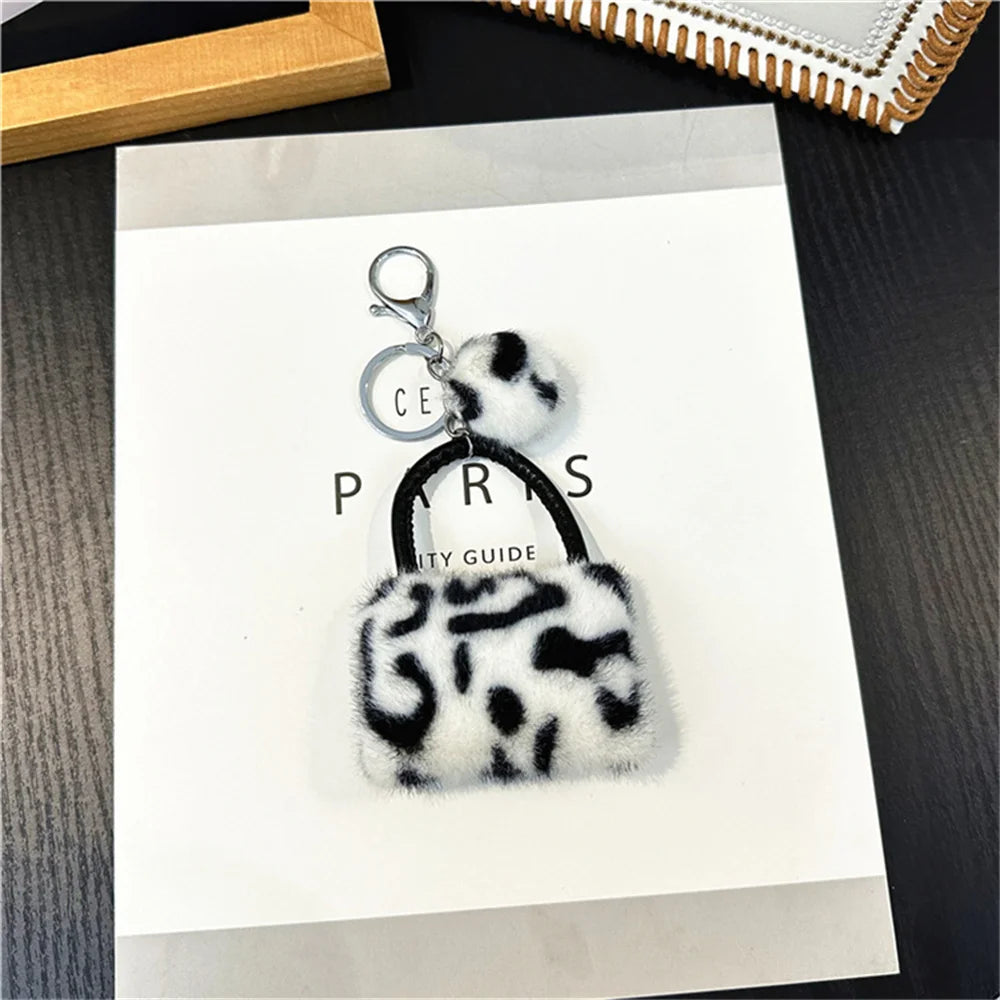 Creative Leopard Bag Pendant Keychain Cute Plush Soft Handbag Charms With Hair Ball Car Trinket Keyring Moto Accessories Gift