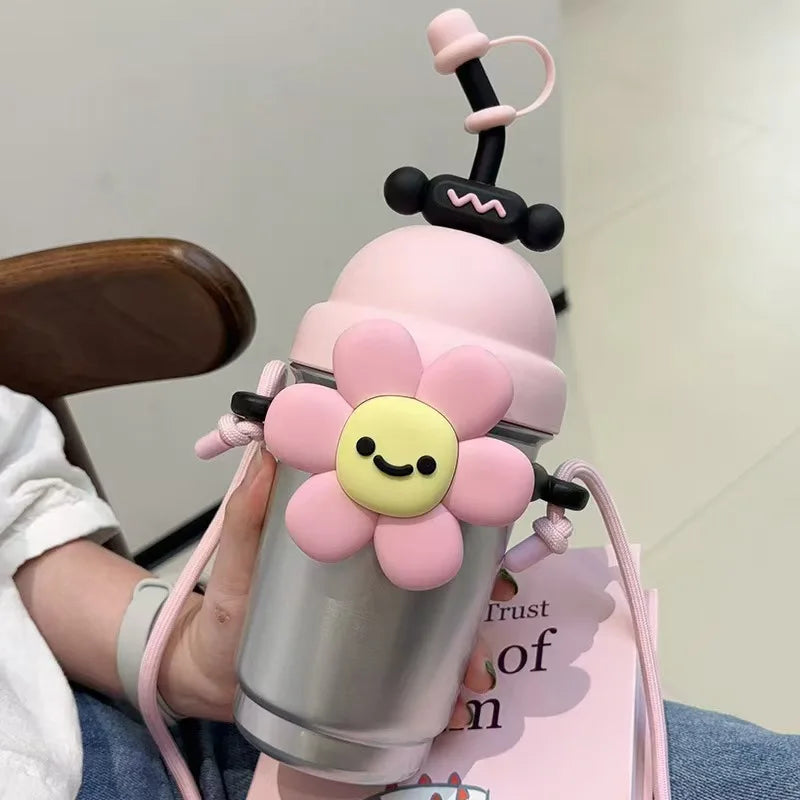 Netroots cartoon vacuum insulation cup female stainless steel high-color value with carry rope flowers milk tea cups