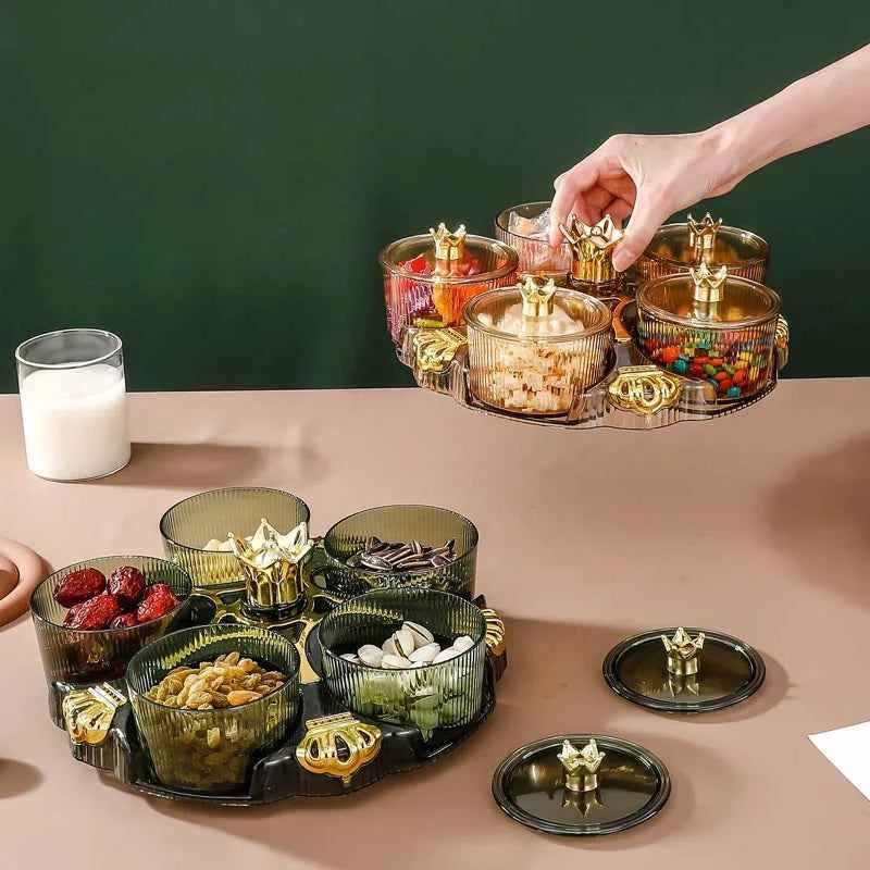 Rotating Snack Organizer Fruit Plate 5 Section Separable Storage Container Tea Table Candy Jar Reusable Dried Fruit Jar