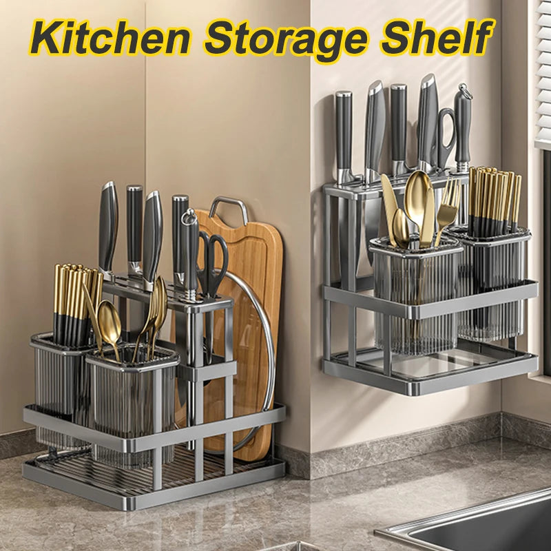 Kitchen Storage Shelf for Knife Chopsticks Forks Drain Storage Rack Metal Cutting Board Holder Multi-function Storage Rack