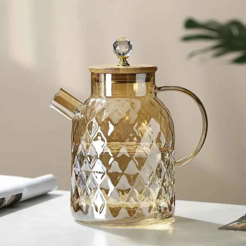 Glass Tea Kettle With Bamboo Lid And Removable Filter Spout Champagne Teapot For Loose Leaf Blooming Tea And Fruit Tea 1/1.8L