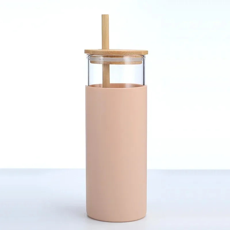 1pc Glass Tumbler with Bamboo Lid and Silicone Cover High Temperature Resistant Tea Cup Juice Glass Milk Water Cup Drinkware