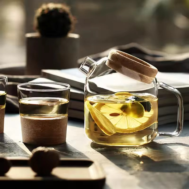 Glass Cork Water Kettle Wooden Cover Flower Teapot Heat-resistant Juice Cold With Lid Coffee Pitcher