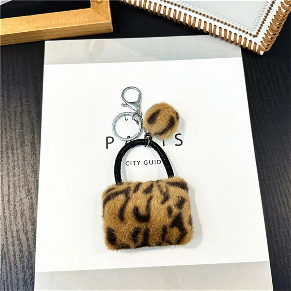 Creative Leopard Bag Pendant Keychain Cute Plush Soft Handbag Charms With Hair Ball Car Trinket Keyring Moto Accessories Gift