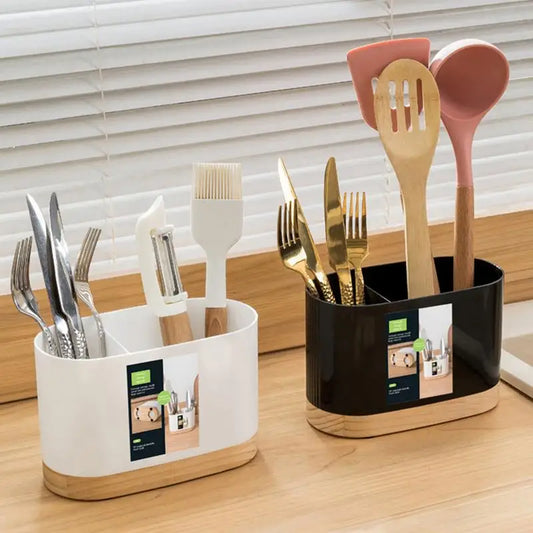 Kitchen Tableware Storage Bucket Utensil Holder Cutlery Drainer Plastic Chopstick Spoon Storage Rack with Wooden Base