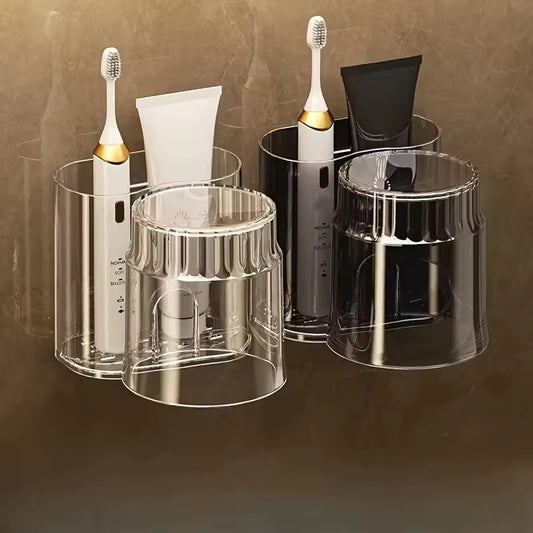 Toothbrush Holder with Gargle Cup Wall-mounted Plastic Toothpaste Drain Basket for Bathroom Space-Saving Bathroom Organizer