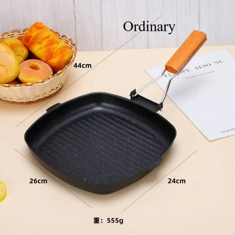 Portable Foldable Frying Pan Picnic Grill Pan Anti-scald Wooden Handle Outdoor Grill Pan Double Mouth Steak Pan(No Lid)