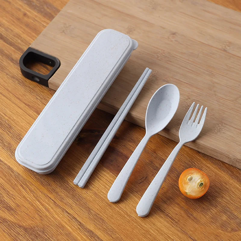 3Pcs/Set Portable Tableware Set Plastic Cutlery Sets Fork Spoon Chopsticks Suit Eco-friendly Reusable Travel Flatware With Box