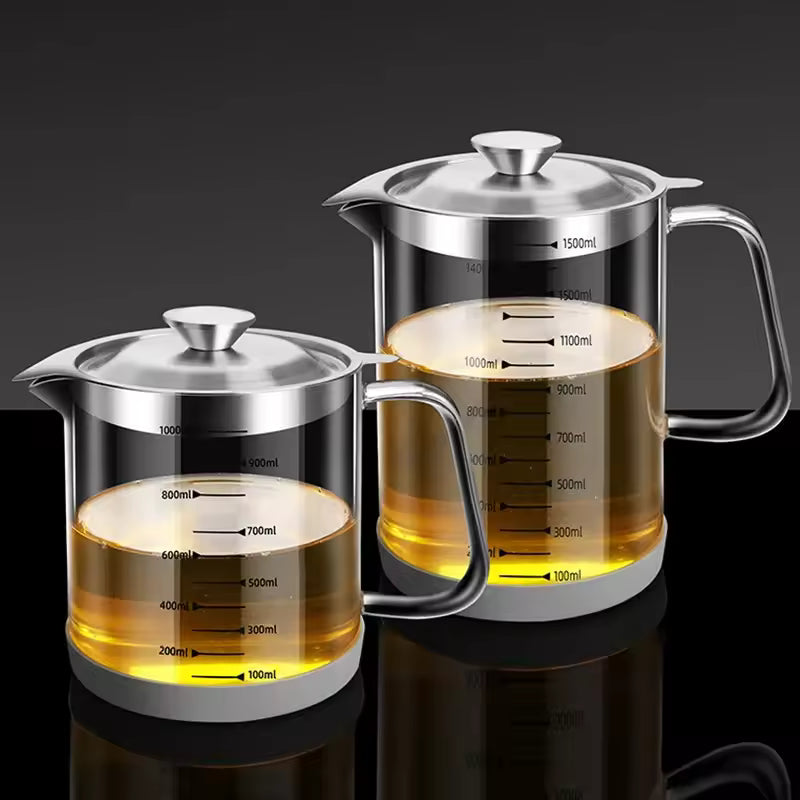 1L/1.5L Transparent Glass Oil Filter Pot with Scale kitchen Oil Separator&Storage Tank with Fine Mesh Strainer Grease Container