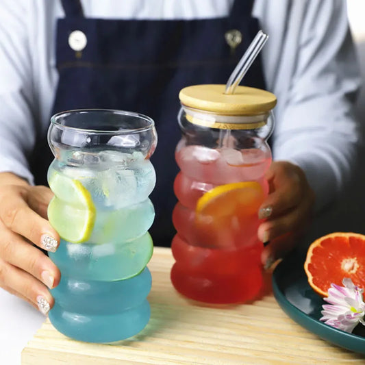 1/2pcs Beverage Glasses With Straws Glass Cups clear Ripple Drinking Glasses for Juice Beer Wine Champagne Cocktail 350/500ml