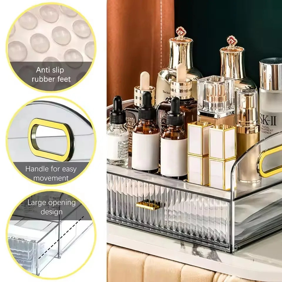 Makeup Organizer Countertop Clear Cosmetics Storage Boxes with Drawers & Portable Handle For Vanity Skincare Desktop Bathroom