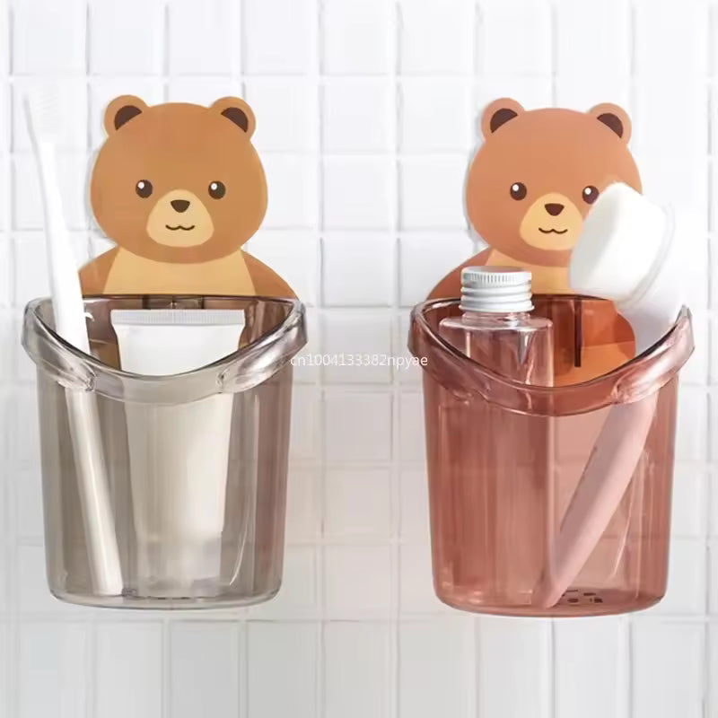 Bathroom Bear Hug Toothbrush Cup Toothpaste Storage Rack Bathroom Perforation-free Wall-mounted Drain Bear Storage Cups  teddy bear