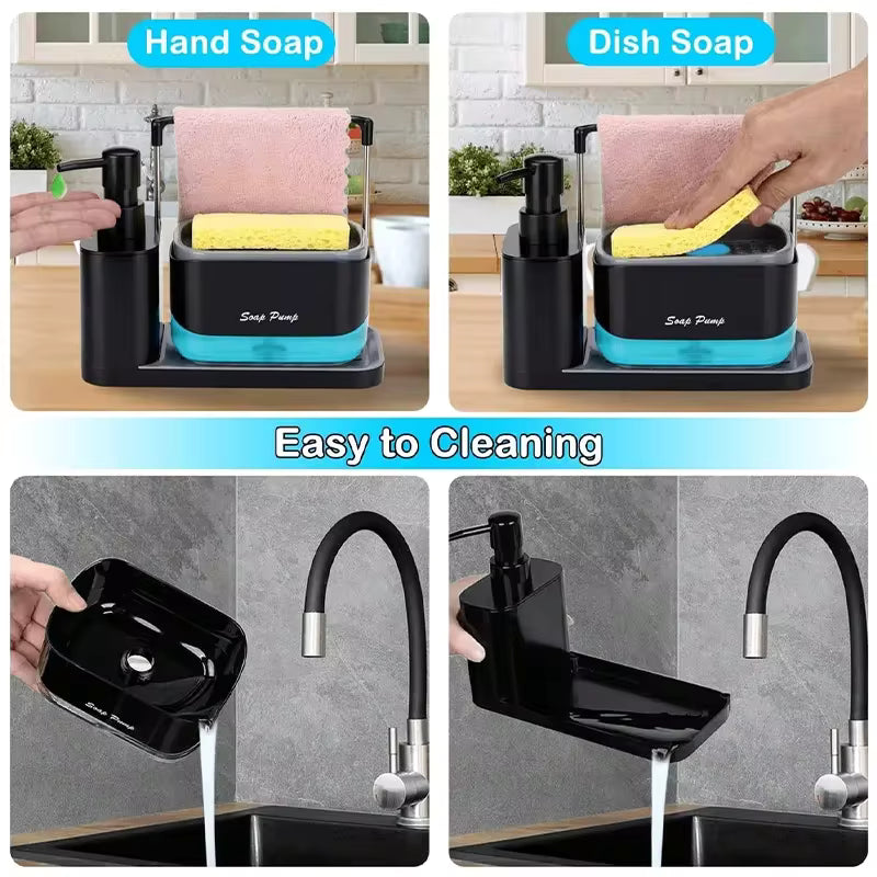 Multi-Functional Kitchen Soap Dispenser Hand Dish Soap Dispenser with Dual Soap Dispensers Sponge and Dishcloth Holders Tray