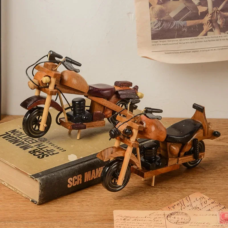 Retro Wooden Motorcycle Model Car Doll Ornaments Wooden Handmade Home Office Decoration Crafts Children's Birthday Gifts