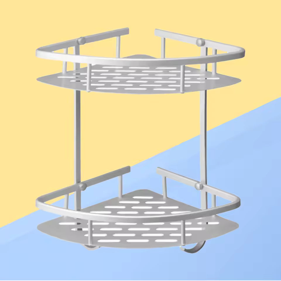 1pc Corner Wall Mount Bathroom Storage Rack Shower Shelf Aluminum Hollow Basket No Punching Easy Assembly Saves