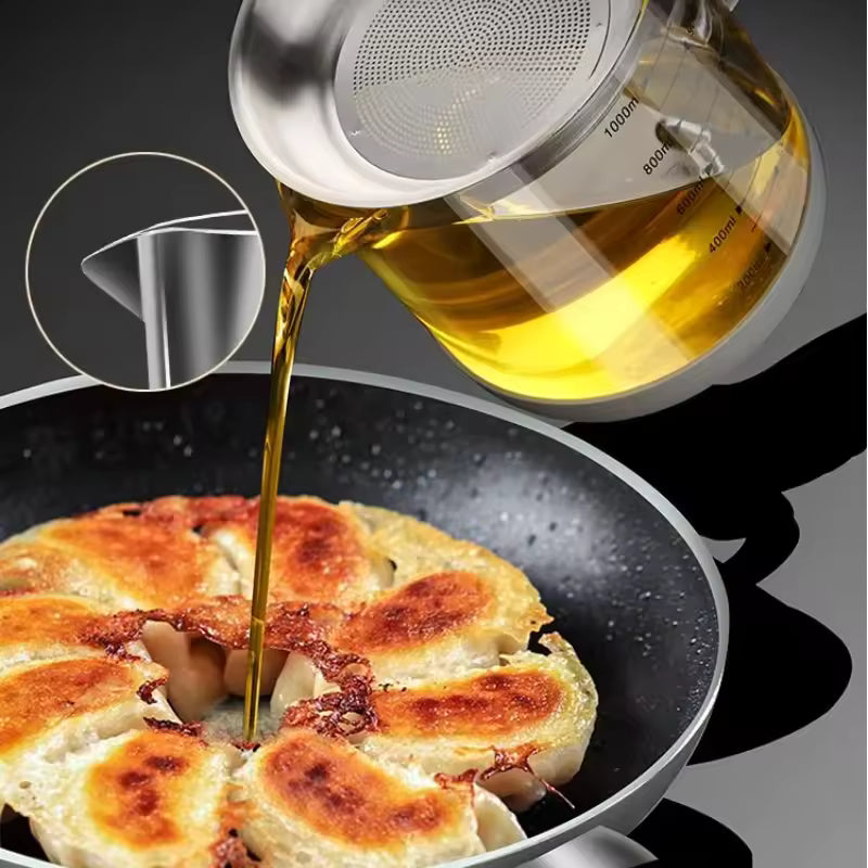 1L/1.5L Transparent Glass Oil Filter Pot with Scale kitchen Oil Separator&Storage Tank with Fine Mesh Strainer Grease Container