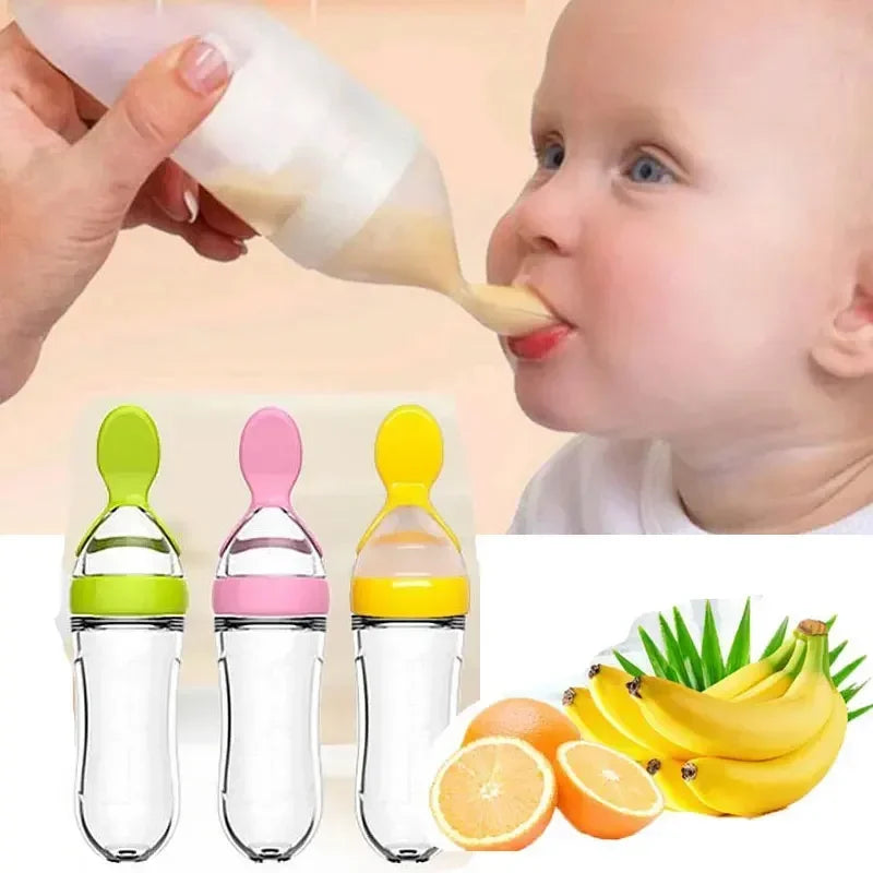 Squeeze Baby Bottle with Food Supplement Feeder and Training Spoon, Solids Silicone Baby Bottles Baby Feeding