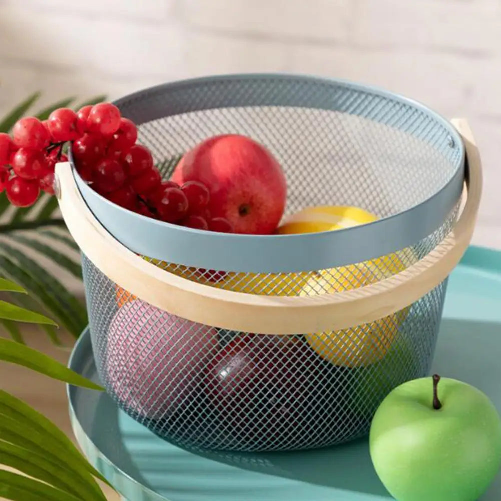 Garden Fruit Vegetable Basket Kitchen Basket Sturdy Wire Mesh Round Shape Portable Picnic Basket for Fruit Bread Eggs Vegetables